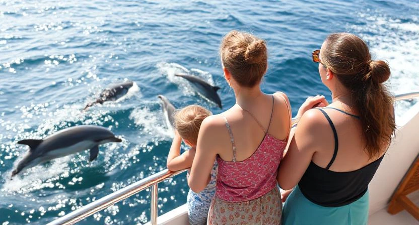 Family watching dolphins during yacht rental trip in Dubai.