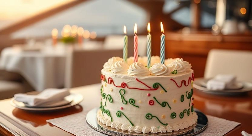 Birthday cake on private yacht rental in Dubai celebration.