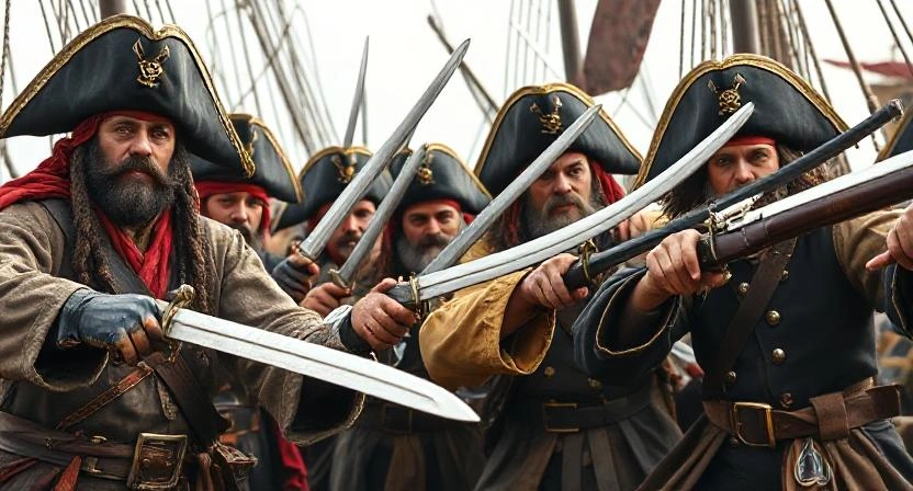 Edward Teach’s crew ready for combat during sea raids.