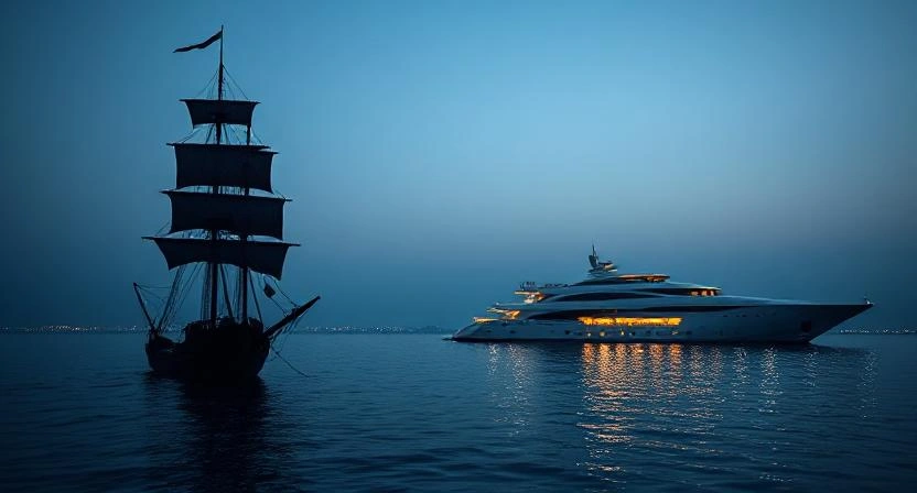 Transition from pirate ship to luxury yacht in Dubai concept art.