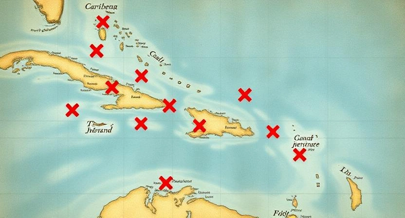 Pirate treasure map with marked locations in the Caribbean.
