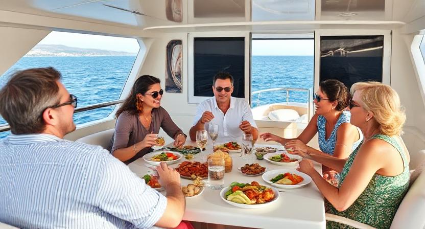 Family dining experience on private yacht rental in Dubai.