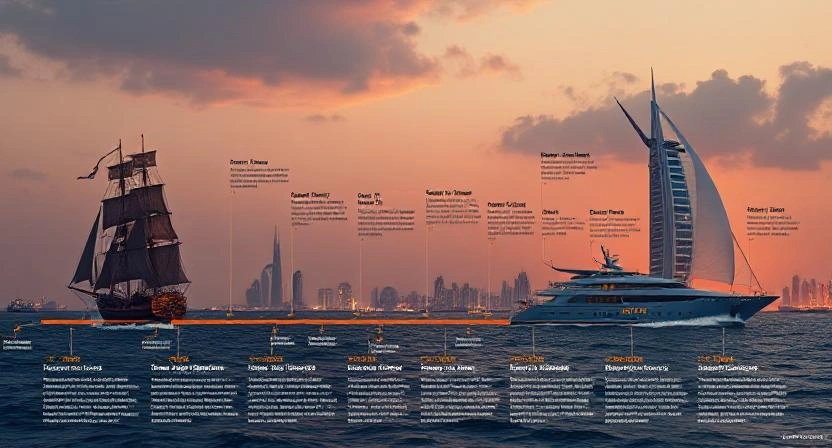 Timeline of pirate ships to Dubai yacht rentals evolution.