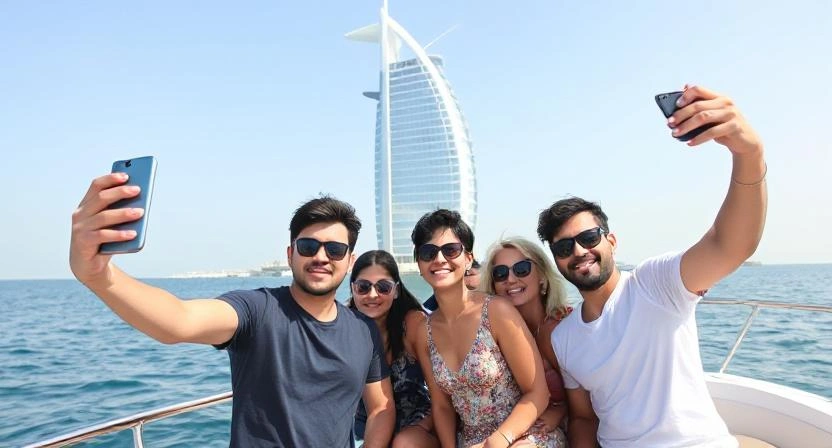Friends celebrating on yacht rental in Dubai with Burj Al Arab views.