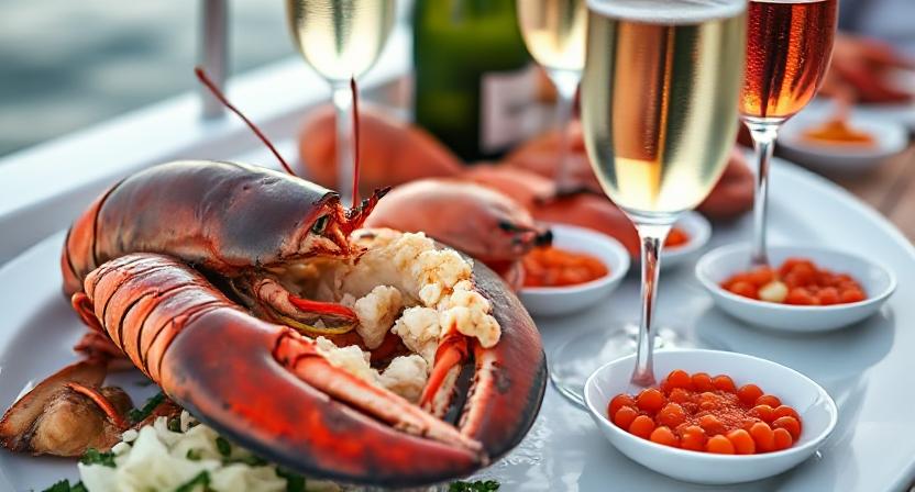 Gourmet seafood dining on luxury yacht rental in Dubai.