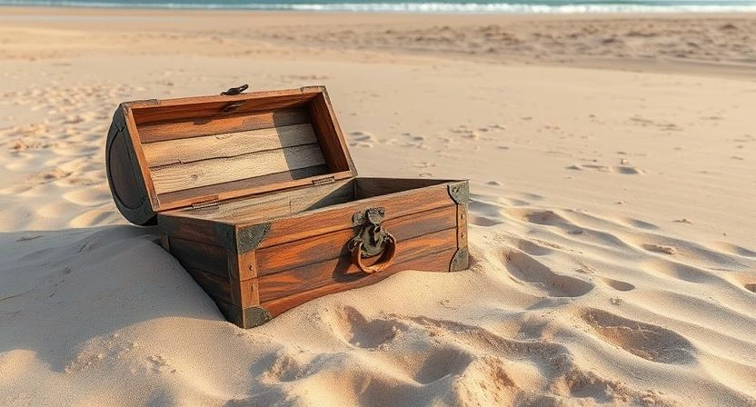 Mysterious pirate treasure chest on beach sand.