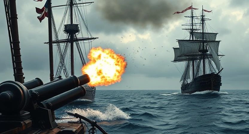 Naval cannons blasting during Edward Teach’s last battle.