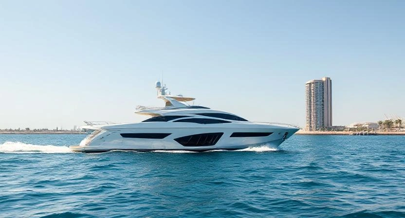 Modern luxury yacht rental cruising Dubai coastline.