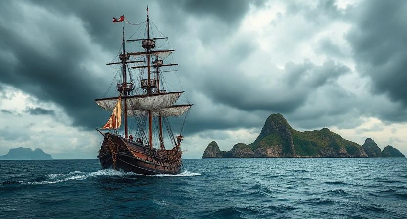 Pirate ship sailing through rough seas in history.