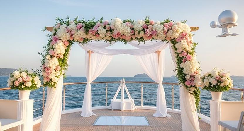 Romantic wedding decoration on yacht rental in Dubai.