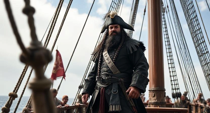 Edward Teach commanding his pirate crew during his reign.