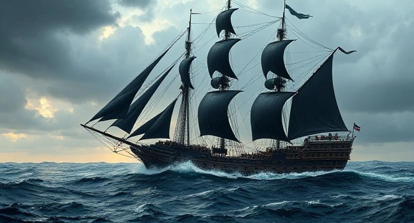 Blackbeard’s flagship, Queen Anne’s Revenge, sailing on rough waters.