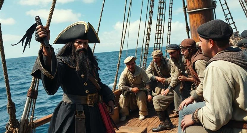 Blackbeard pirate threatening crew on captured vessel.