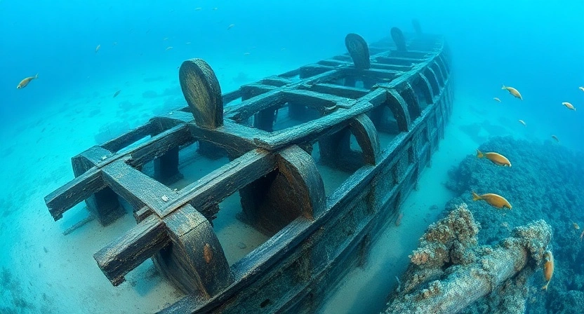 Underwater wreck of Queen Anne’s Revenge with fish.