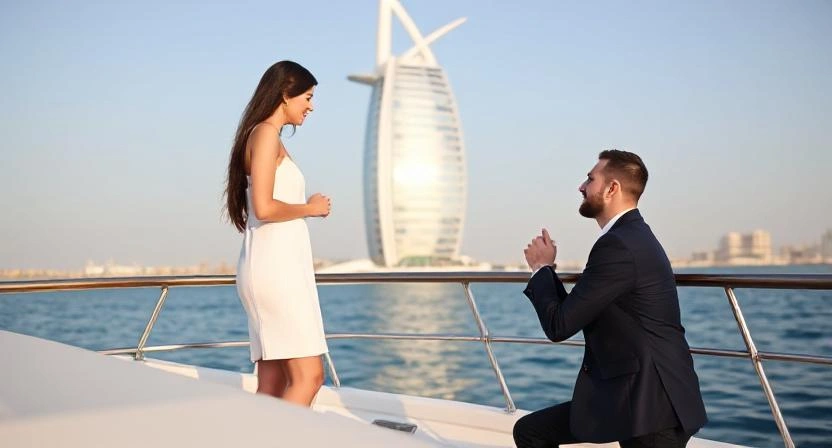Marriage proposal during romantic yacht rental Dubai.