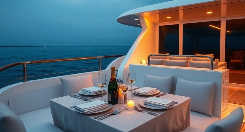 Romantic dinner on Dubai yacht rental during sunset cruise.