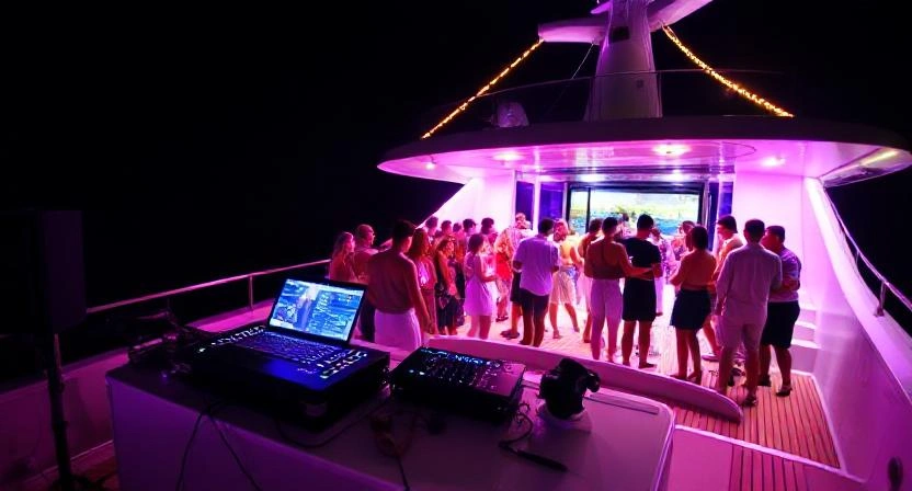 Yacht rental Dubai night party with music and entertainment.