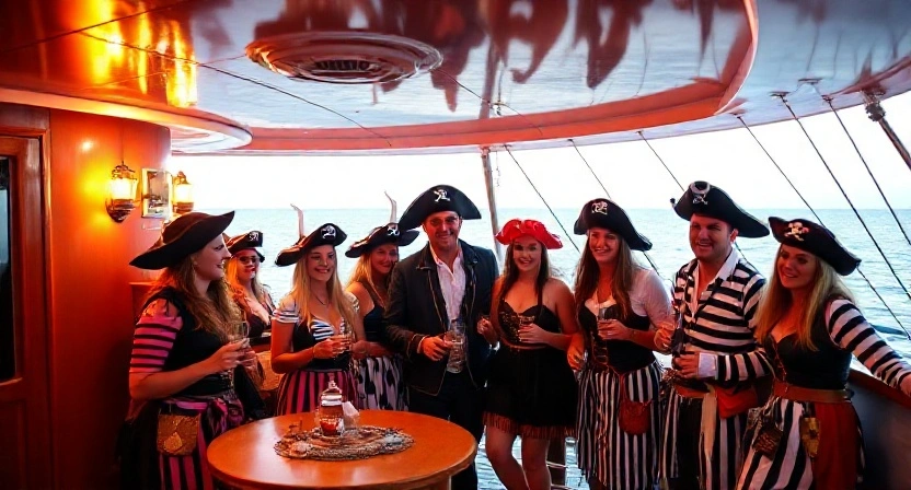 Pirate spirit yacht rental Dubai with party costumes.