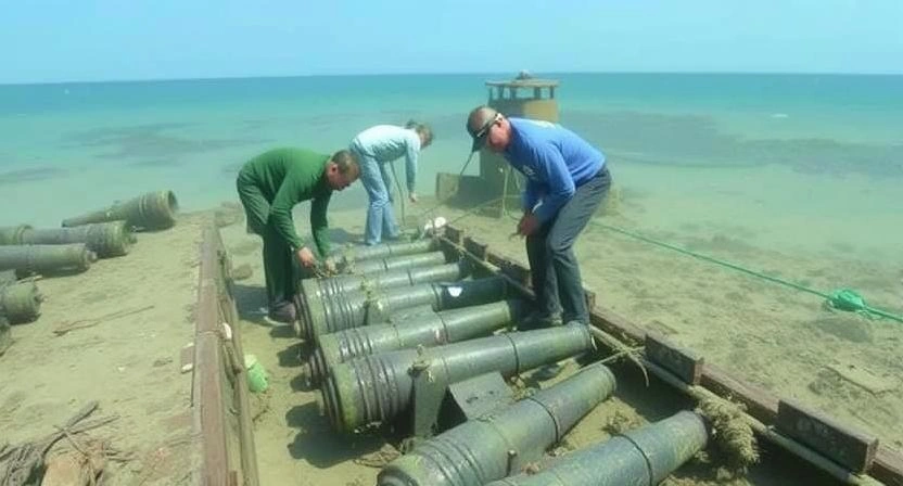 Archaeologists retrieving cannons from Queen Anne’s Revenge wreck.